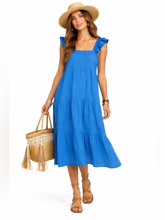 Mud Pie Dresses & Skirts - Mud Pie Blue Martha Maxi Dress Cotton Gauze Flutter Sleeve Tiered NWT L